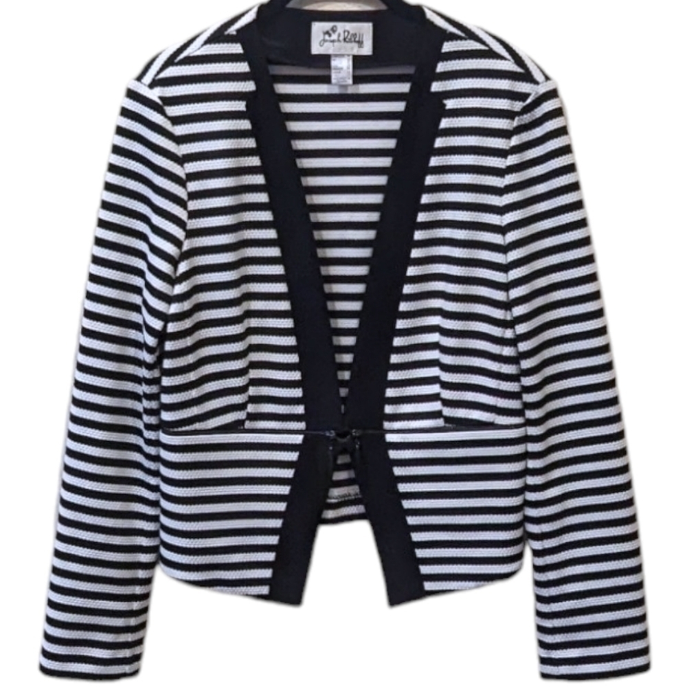 Joseph Ribkoff Black White Striped Long Sleeve Jacket with Zipper Detail (10)